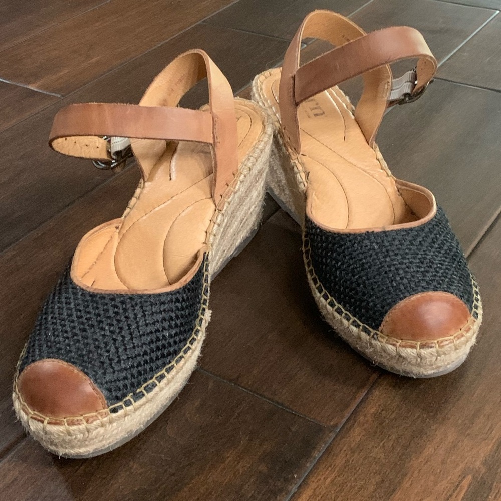 Born Black Woven and Brown Leather Espadrille Wedge Sandals
